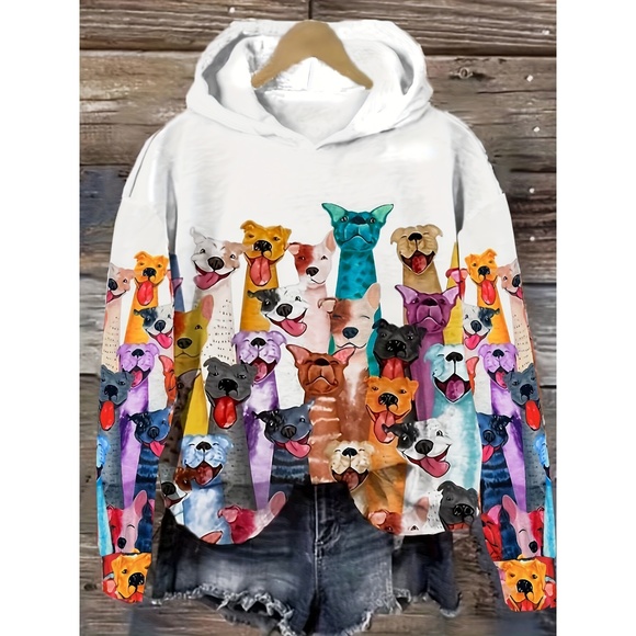 Dogs Print Hoodie, Casual Long Sleeve Drop Shoulder Hoodie, Women's Clothing - Picture 1 of 3